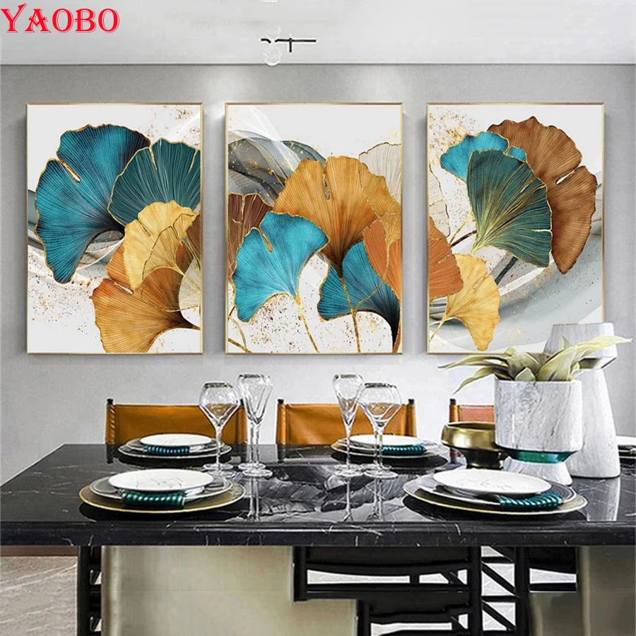 

Алмазная живопись голубого, зеленого, желтого золота, листья растений, 5D алмазная вышивка, Набор для вышивки крестиком, мозаика, стразы, карт...