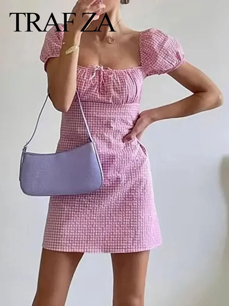 

TRAF ZA Elegant Pink White Plaid Dress Raglan Puff Sleeves Cuffs Elastic Chest Wrap Tie Slim Sexy Sweet Short Dress Summer