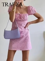 traf za elegant pink white plaid dress raglan puff sleeves cuffs elastic chest wrap tie slim sexy sweet short dress summer