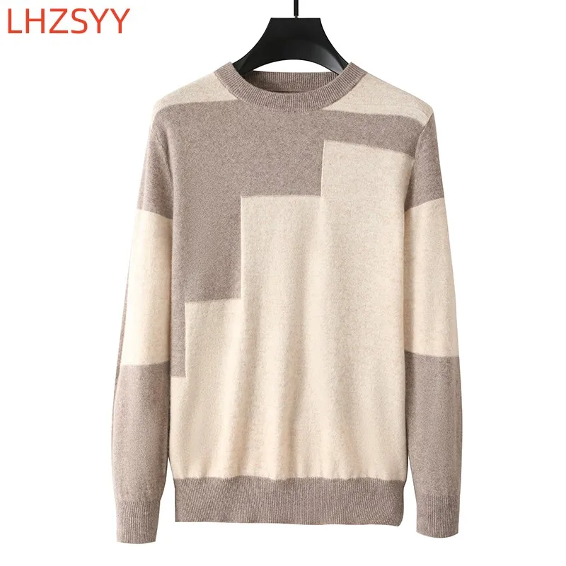 LHZSYY New 100%Pure Wool Cashmere Sweater Men's Colorblock Large size Pullover Autumn Winter Youth Thick Tops O-neck Base Shirt
