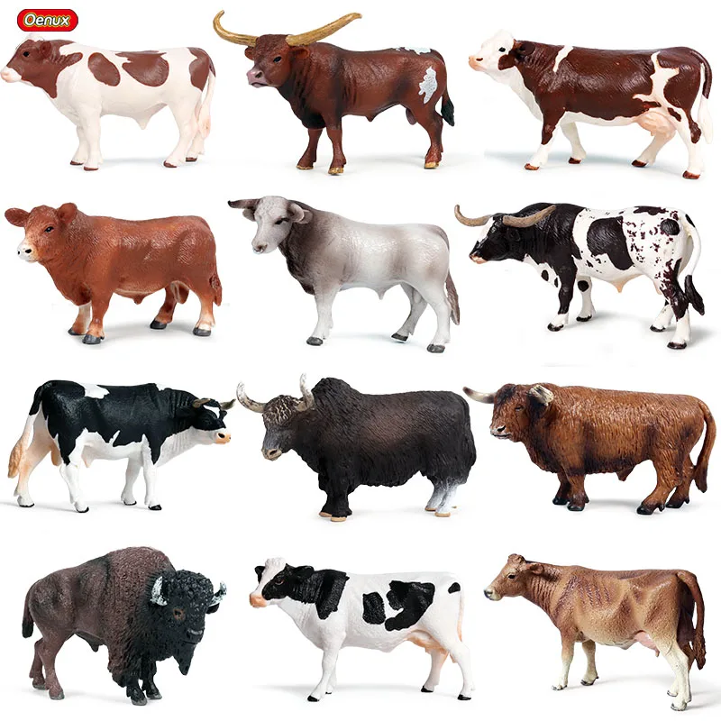 Oenux Cute Farm Animals Milk Cow Simulation Poultry Cattle Calf Bull OX Action Figures Collection Pvc Lovely Model Toy Kids Gift