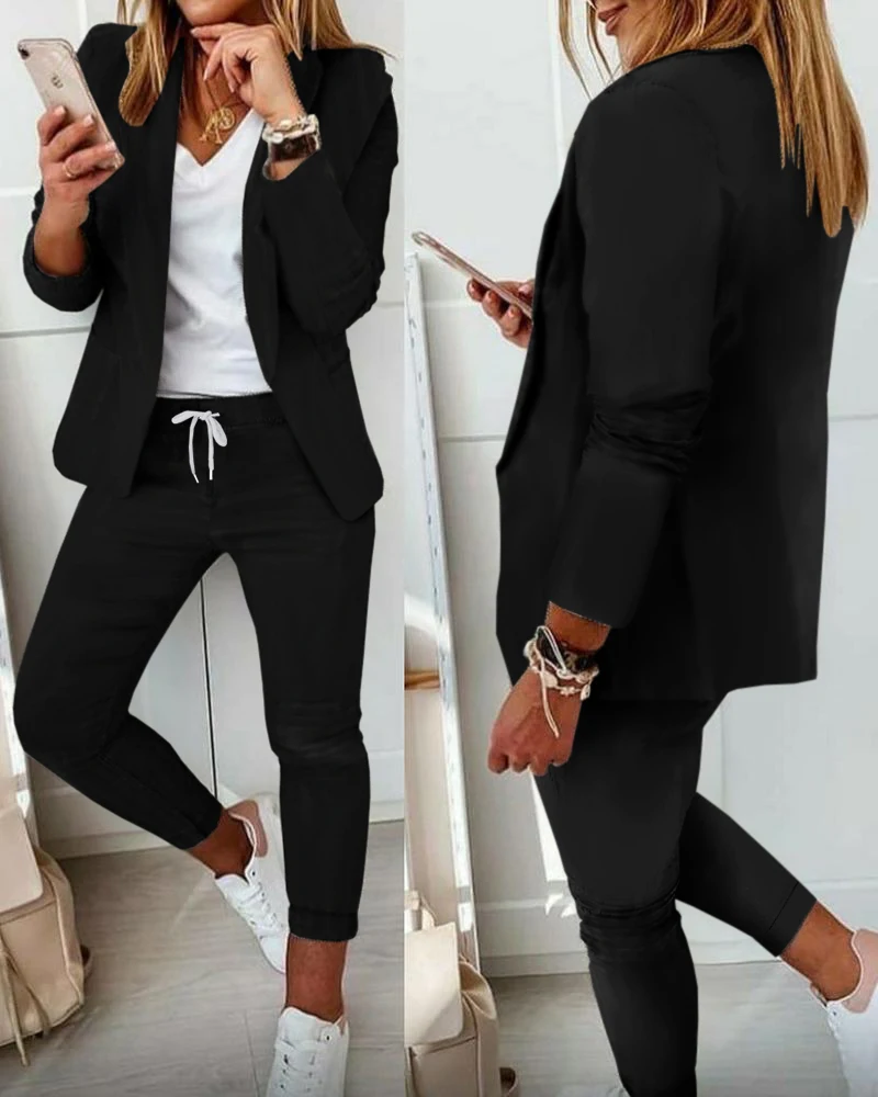 

2022 Women New Fashion Autumn Lapel Collar Blazer Coat & Drawstring Pants Set Long Leggings Suit Elegant 2 Piece Jacket Outfits
