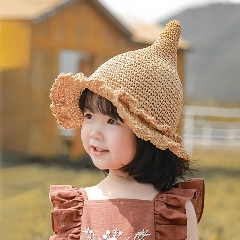 

Kids Girls Large Wide Brim Straw Woven Sun Protection Beach Hat Colorful Pompom Ball Summer Floppy Bucket Cap Portable Handbag