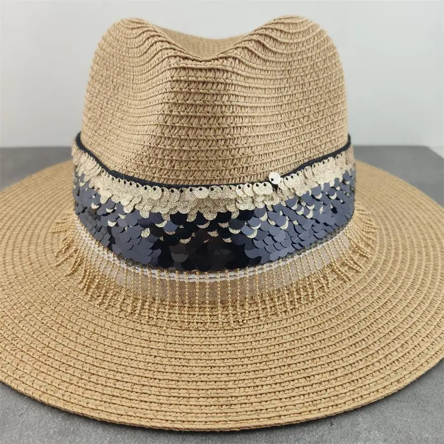 

Women Hat Sun Straw Panama Gold Chain Belt Hats for Men Spring Black Khaki Beach Casual Hats sombrero hombre