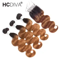 Ombre Body Wave Bundles With Closure10A Brazilian Human Hair Bundles With Closure 1B/30 Colored Bundles With T Part Lace Closure