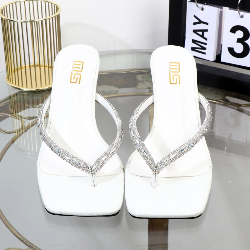 flip flops 2023 spring summer high heeled rhinestone Pinch toe women shoes wearing thin-heeled solid-color heeles shoes ladies