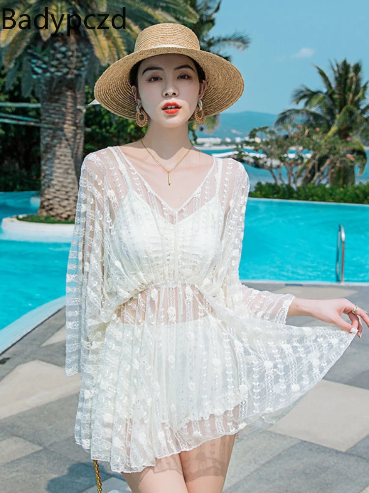 

Badypczd's Swimsuit Women's Split Long-sleeved Three-piece Retro Conservative Cover Belly Chest Gathered Hot Spring Swimsuits