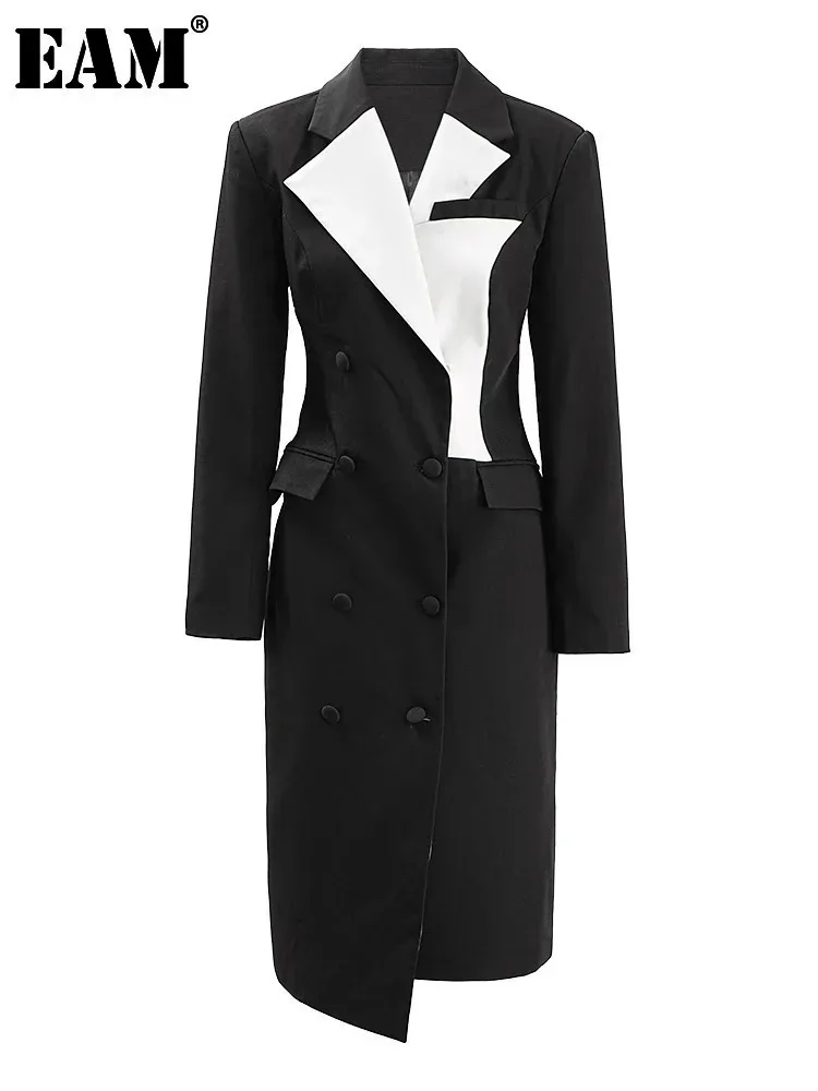 EAM черный цветной блок элегантный женский Тренч новый свободный крой с лацканами
