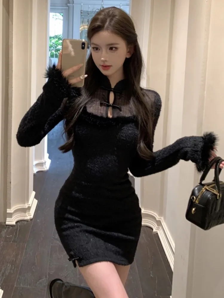 Винтажное мини-платье для женщин в китайском стиле с длинными рукавами