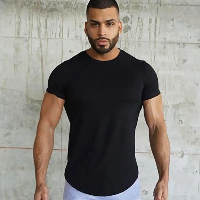 

O-Neck T Shirt Men Fitness Sports Breathable and Quick-drying Stretch Solid Color Arc Hem T-shirt New Graphic T Shirts Tees