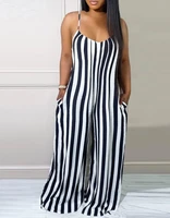 2022 womens summer jumpsuit casual chic striped print v neck spaghetti strap wide leg long pocket backless jumpsuit