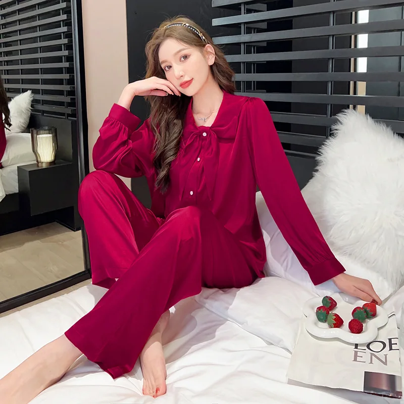 Ice silk pajamas women's long-sleeved imitation silk home clothes set pajamas for women  pigiami donna