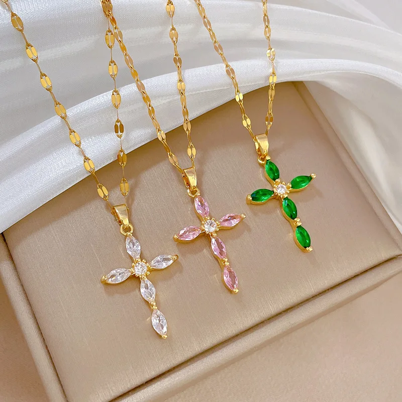 

Luxury Zircon Cross Necklaces For Women Gold Color Stainless Steel Cross Necklace Wedding Christmas Jewelry Gift collier femme