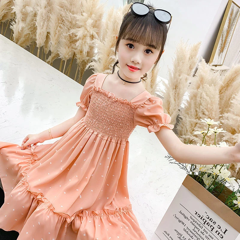

Girls Dress 2 Summer 3 New Children's Clothing Dress Sweet Lovely Chiffon Princess Tight Waist Dresses 7 Year Kids Clothes Party