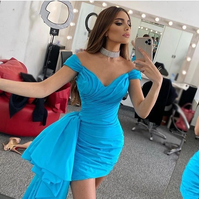 

ANGELSBRIDEP Sweetheart Blue Short Prom Dresses Vestidos De Festa Sexy Off-Shoulder Organza Homecoming Birthday Party Gowns HOT