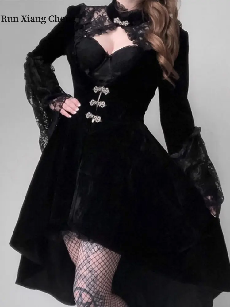 

Women's Dress 2023 Gothic Black Lace Cutout Lantern Sleeve Stand Collar Exquisite Buttons A-line Silhouette Asymmetric Hemline