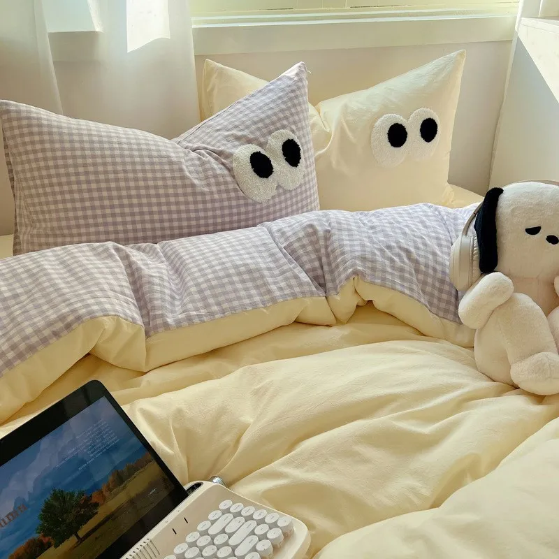 INS Solid Quilt Cover Washed Cotton Student Three-Piece Single Double E-Person Four-Piece Set Bed Sheet Bed...