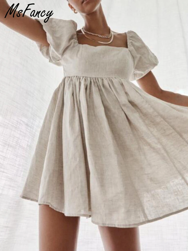 Мини-платье Msfancy из хлопка женское коричневое Повседневное платье с квадратным