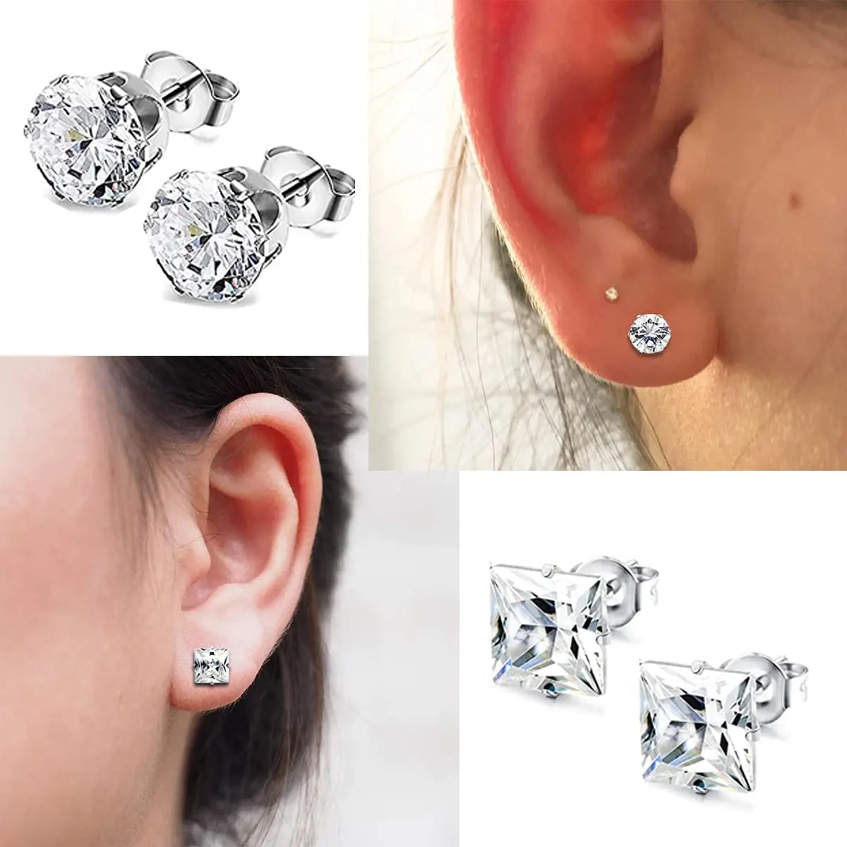 1 Pair Earrings for Men Women Stainless Steel CZ Black Silver Stud Huggie Hoop Surgical Jewelry Set