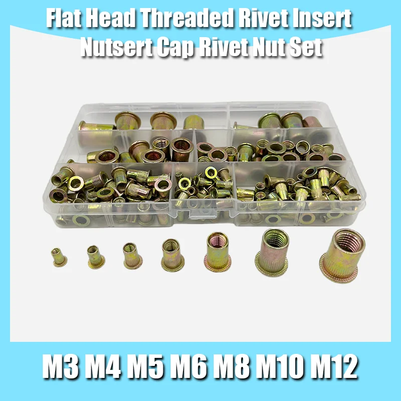 

150Pcs Zinc Plated Carbon Steel Knurled Nuts Rivnut Flat Head Threaded Rivet Insert Nutsert Cap Rivet Nut Set M3M4 M5M6 M8M10M12