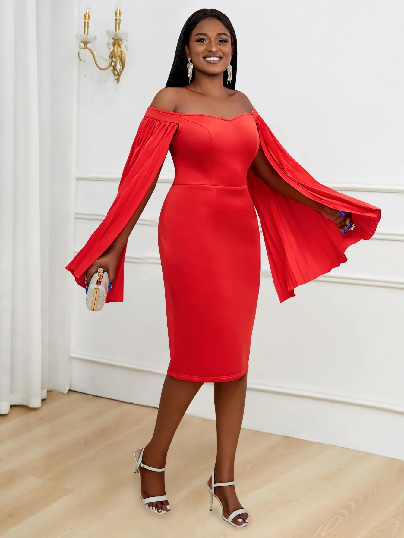 

AOMEI Cloack Sleeve Party Dresses Off The Shoulder Red Bodycon Knee Length Birthday Event Large Size Outfits for Women Christmas
