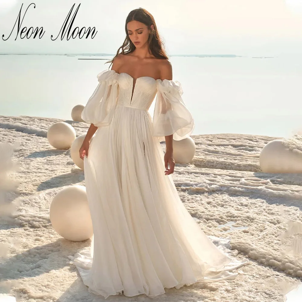 

Pretty Puffy Sleeves A Line Wedding Dresses Sweetheart Pleats Bridal Gowns Backless Sweep Train Simple Vestido De Novia