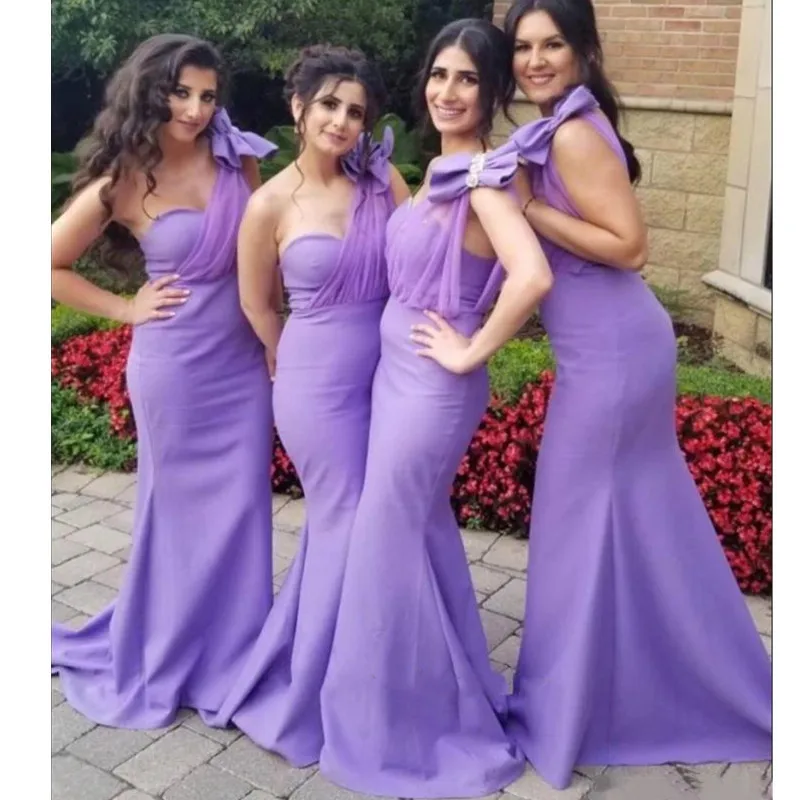 

Stylish Lavender Mermaid Bridesmaid Dresses One Shoulder Beaded Trumpet Wedding Guest Dress Sweep Train Satin Maid Of Honor Gown