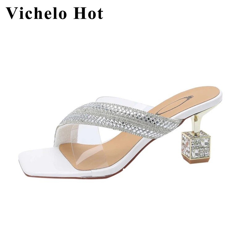 

Vichelo Hot Big Size Pvc Peep Toe Strange Style High Heel Mules Bling Young Lady Party Slip on Elegant Solid Women Sandals L56