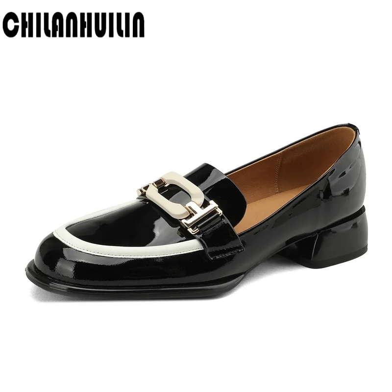 fashion chains women high heels genuine leather round toe shoes for women patent leather pumps newest party basic shoes woman