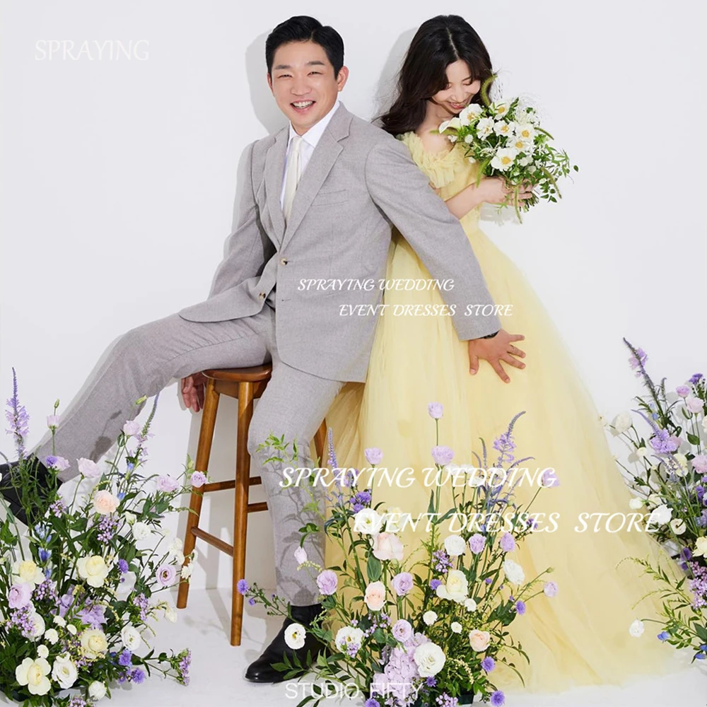 Роскошное простое желтое мягкое Тюлевое корейское свадебное платье для
