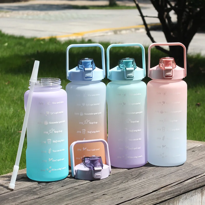 Фото 2 литра, бутылка для воды, мотивирующая бутылка для питья, Спортивная бутылка для воды со временем, портативные многоразовые пластиковые чашки №5