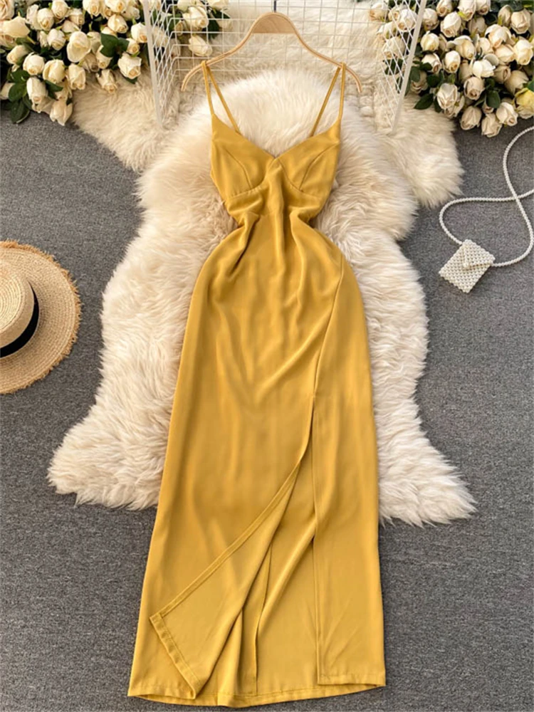 

New Women Sexy Spaghetti Strap Backless White Party Dress Female High Split Slim Waist Long Dress