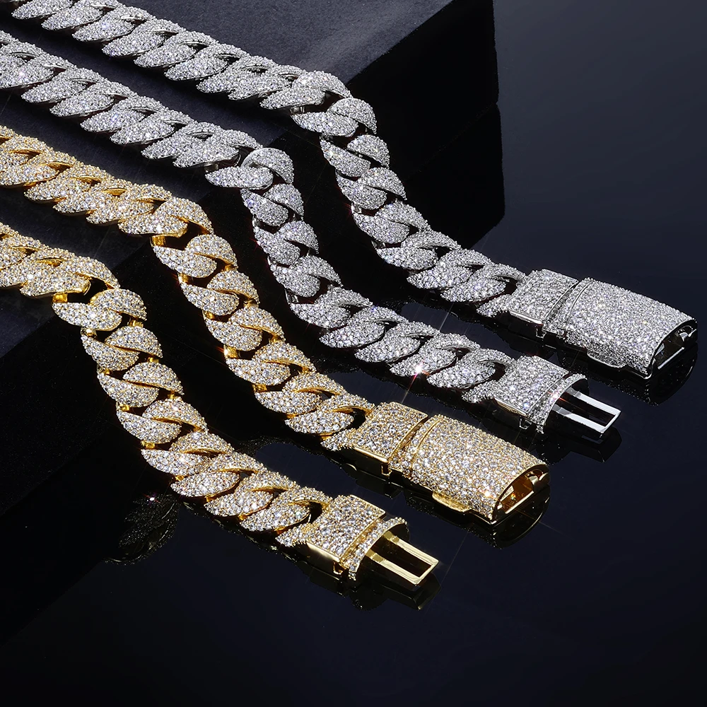Фото Изысканное колье-цепочка Cuban Link 14 мм с 3 рядами бриллиантов, инкрустированное латунью и блестящими фианитами, с модным дизайном застежки, в стиле хип-хоп №5