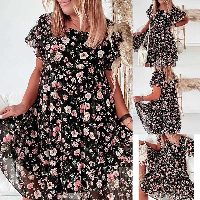 

Floral Print Dress Women Bohemian Beach Dress Short Sleeve Ruffle Dresses Mini Dresses For Women Robe