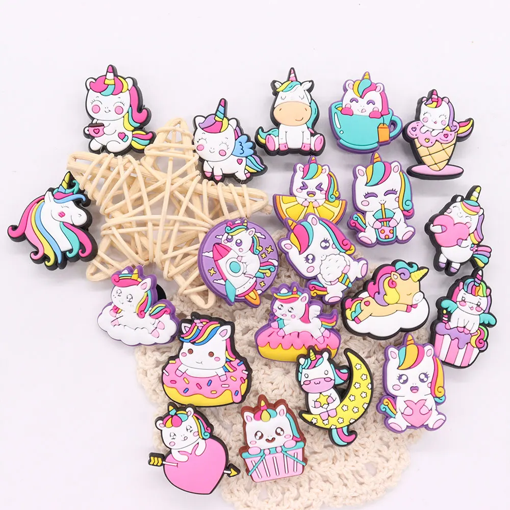 

Оптовая продажа, 50 шт., подвески из ПВХ для обуви, милый Единорог, луна, радуга, сердце, аксессуары, сандалии, украшение для Croc Jibz, подарок на Рождество для детей