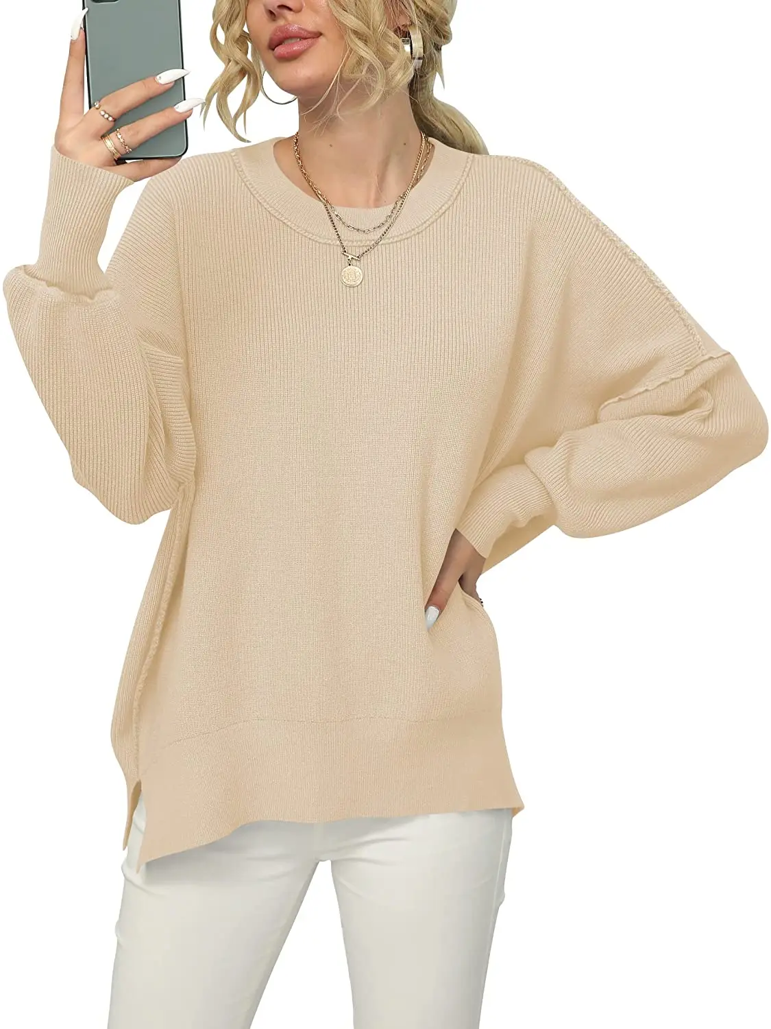 

Women Crewneck Batwing Sleeve Oversized Side Slit Ribbed Knit Pullover Sweater Top