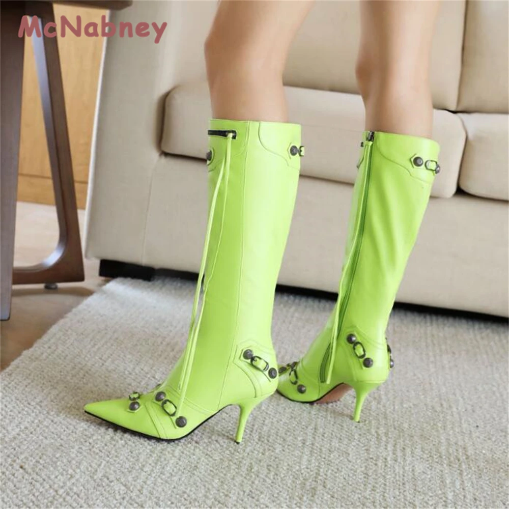 Women New Knee High Boots Slim Tassel Shoes Fashion Sexy Rivet Pointed Toe Stilettos Heels Vintage Metal Buckle Zipper Boots