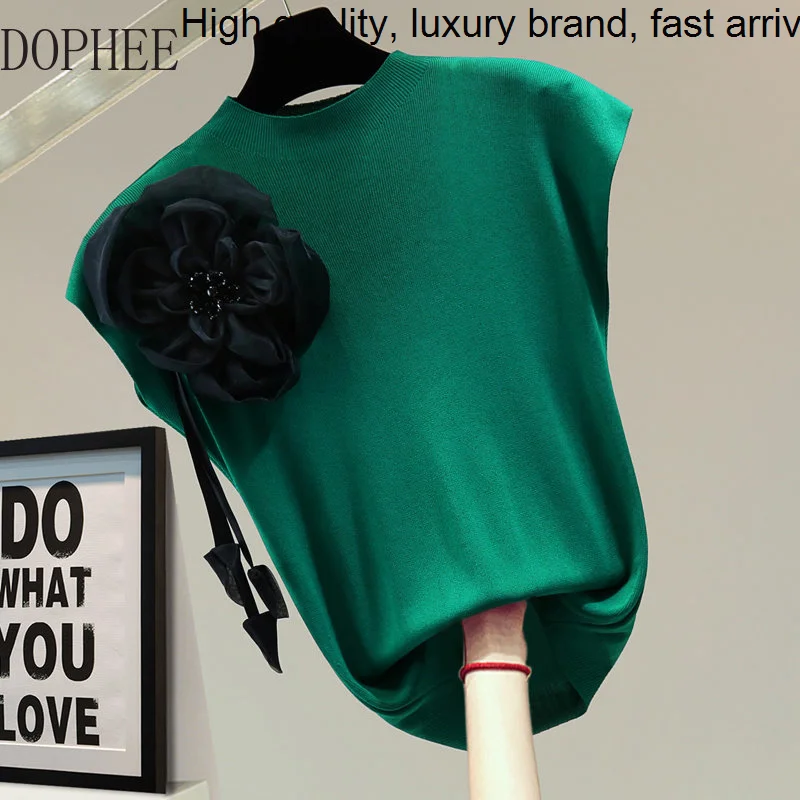 

Beading Sleeveless Flowers T-shirt 2023 New Summer Fashion All-match Ice Silk Knitted Sweater Slimming Solid Color Thin Sweaters