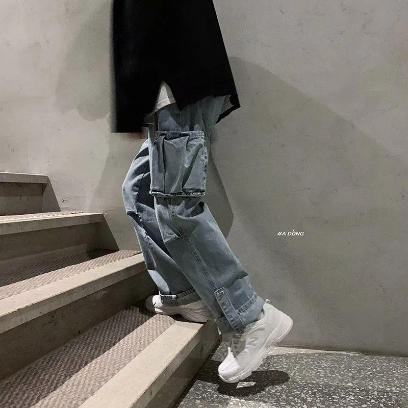 Autumn Winter Korean Streetwear Hip Hop Denim Trousers Male Jeans Denim Vintage Loose Cargo Pants Casual Baggy Wide Leg Jeans