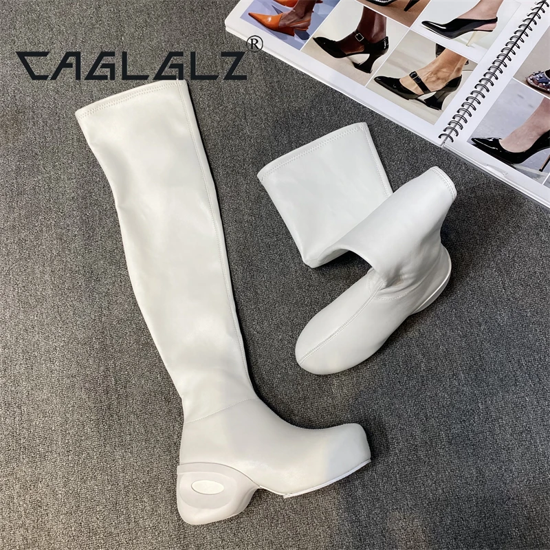 2023CAGLGLZ Lacquer leather knee boots, elastic fashion banquet, sexy runway show, thick soled thigh boots for women
