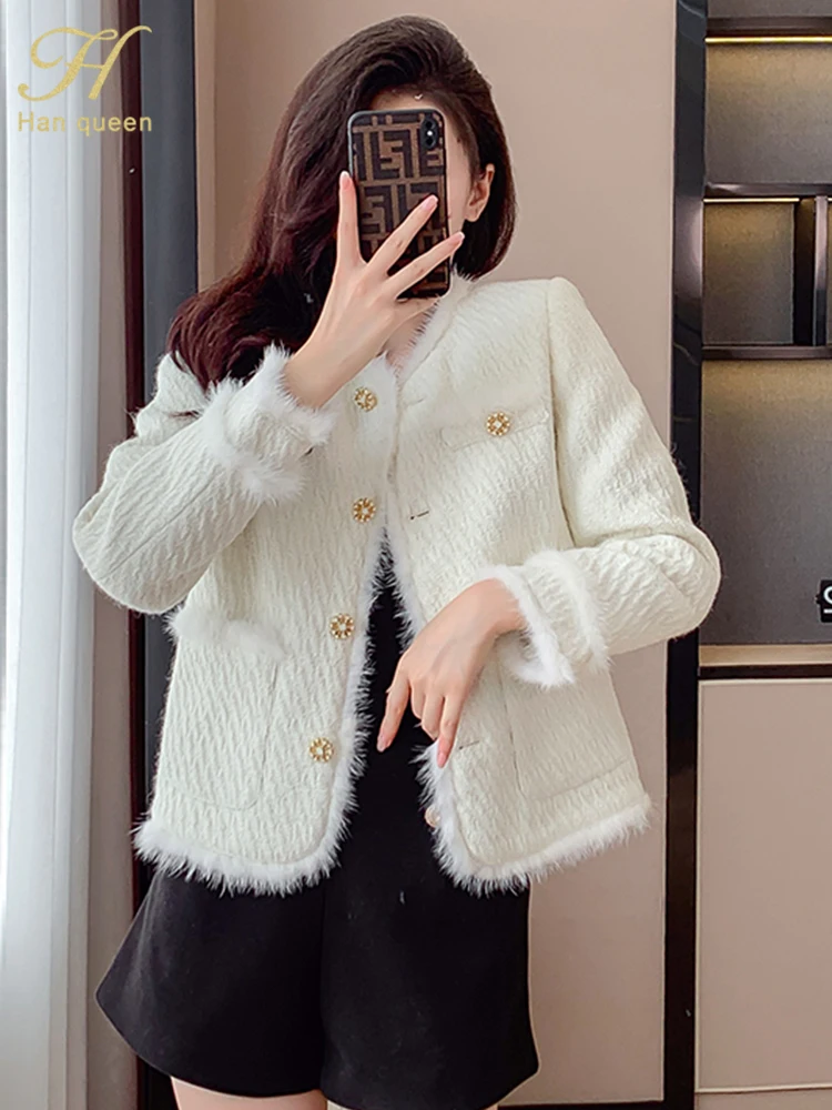 

Женская куртка из твида норки H Han Queen, осенняя утепленная винтажная куртка с карманами, модная простая повседневная куртка в Корейском стиле, 2023