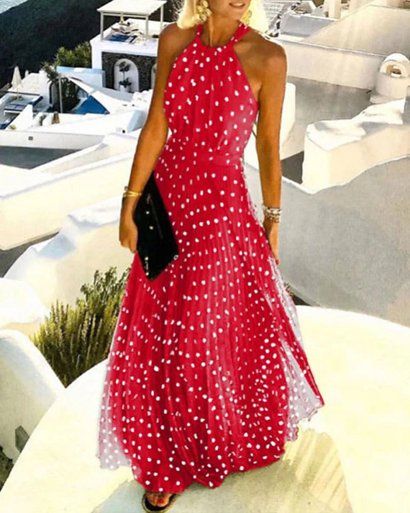

Summer Women Boho Polka Dot Print Chiffon Pleated Maxi Dress 2022 New Femme Sleeveless Maxi Boho Vacation Outfits Lady Clothing