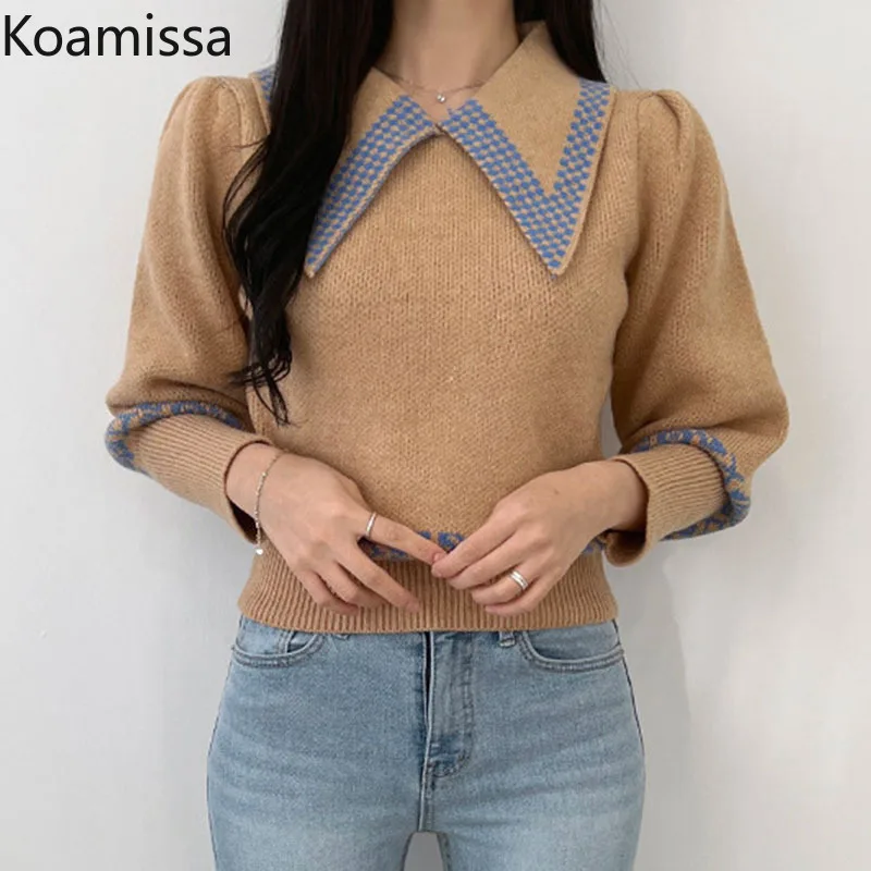 

Женский винтажный жаккардовый свитер с отложным воротником и длинным рукавом