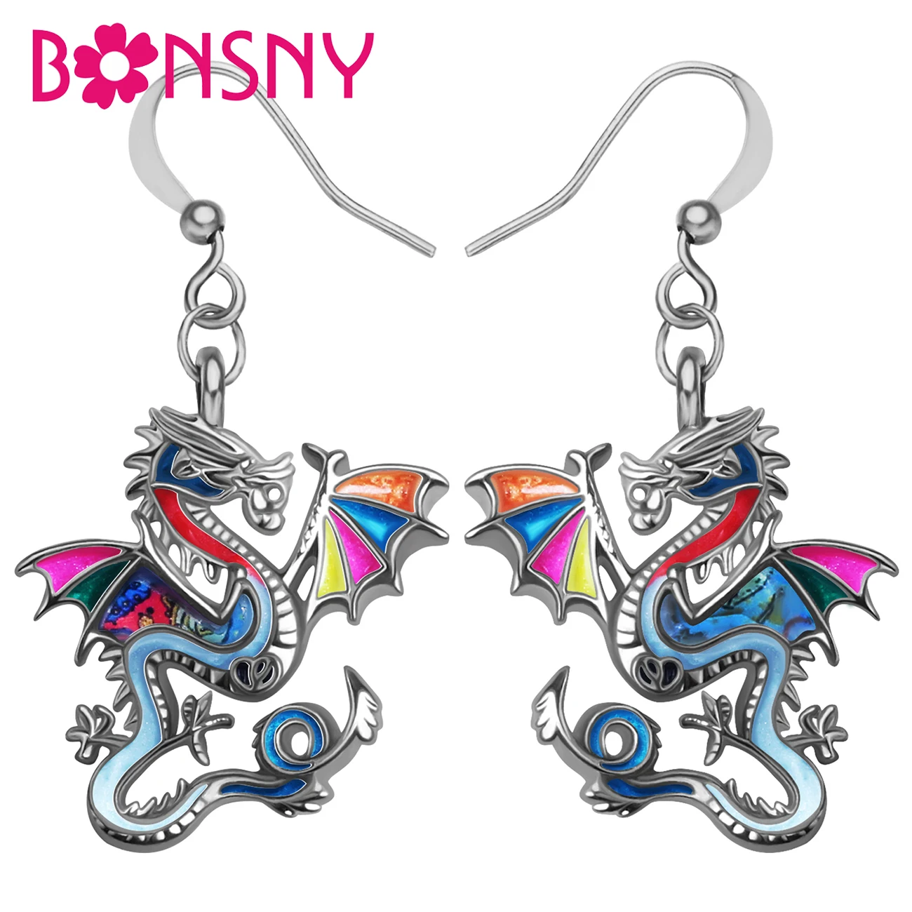 

BONSNY Enamel Alloy Floral Chinese Long 3D Dragon Earrings Dinosaur Drop Dangle Fashion Jewelry For Women Girls Teens Party Gift
