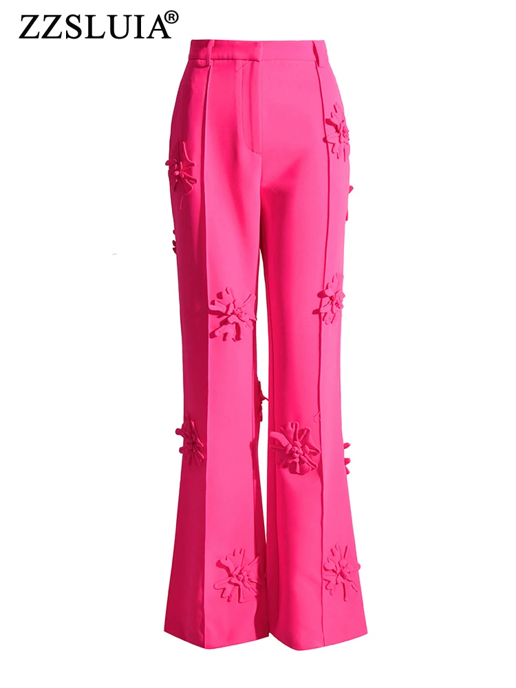 ZZSLUIA Flared Trousers For Women Solid Color 3D Flower Appliques Designer Slim Long Pants Fashion Suits Pants Female Clothing