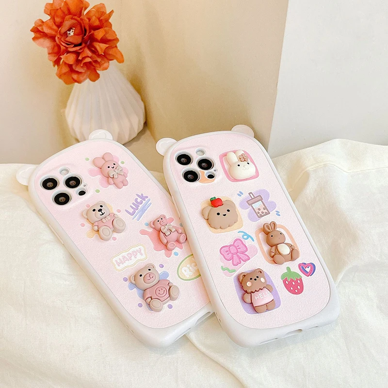 Stereo Bear Bunny Silicone Phone Case For Iphone 14 13 12 11 Pro Max X Xr Xs Case For Apple Iphone 12 13 7 8 Plus Se Soft Case