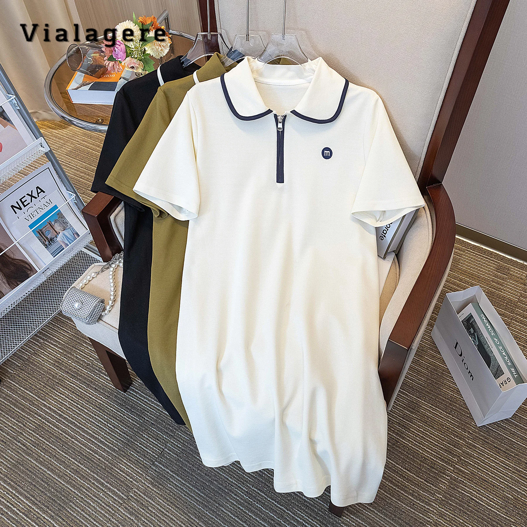 

Summer 2023 Casual Short Sleeve Embroidery Polo Collar Mid Long Dresses Women's Fashion Streetwear Cozy Loose T-shirt Dress
