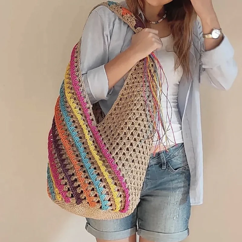 

Casual Colorful Striped Straw Women Shoulder Bags Hollow Large Tote Bag Handmade Summer Beach Bag Big Bali Handabgs 2023 Holiday