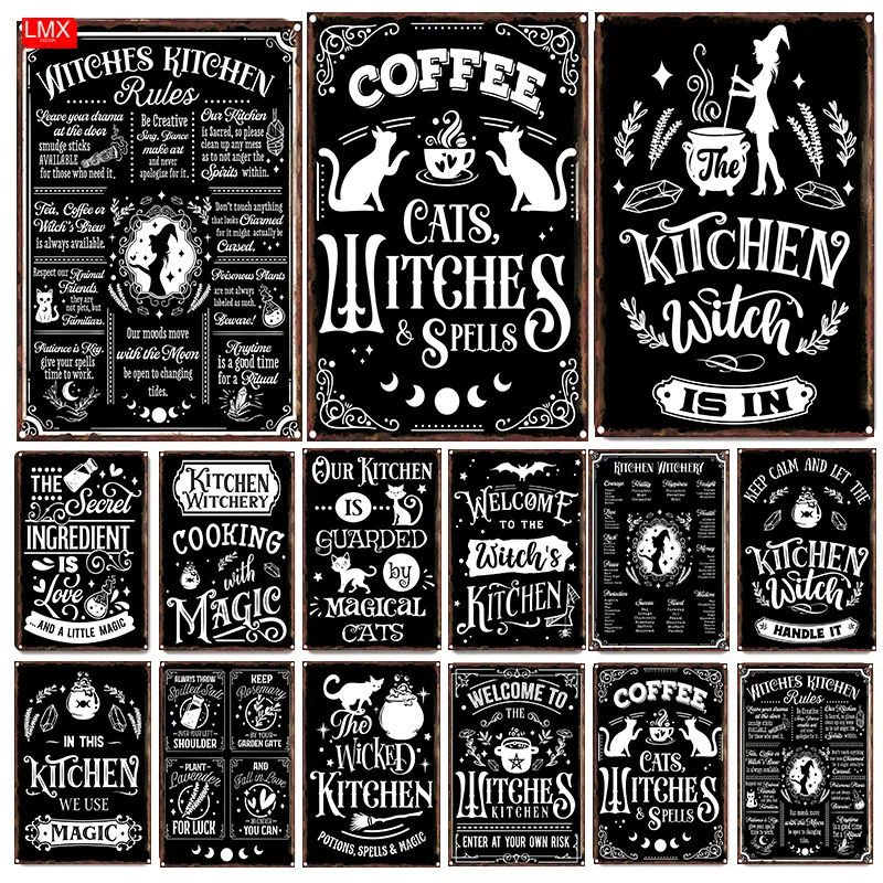 

Забавная металлическая жестяная вывеска для кухни, кошка, ведьма, руны, подарки, украшение для дома, гостиной, винтажный Декор для дома, табл...