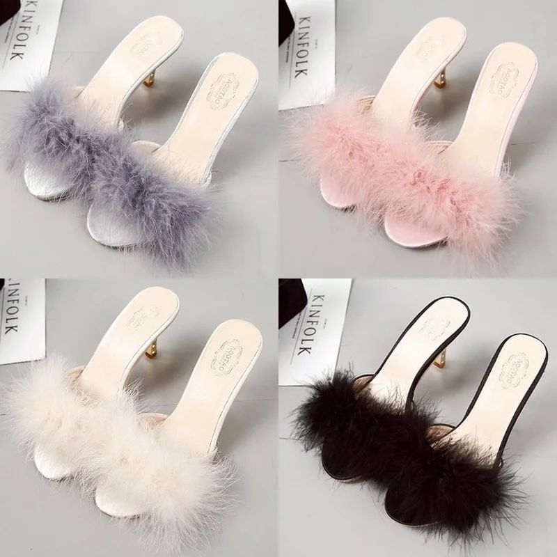 Fashion Sexy Fur Slippers Women High Heel Shoes Woman 2022 Summer New Shoes for Women Thin Heels Furry Slides for Women Shoes